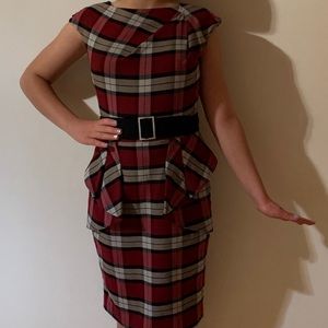 Venus plaid peplum dress midi with belt & zipper